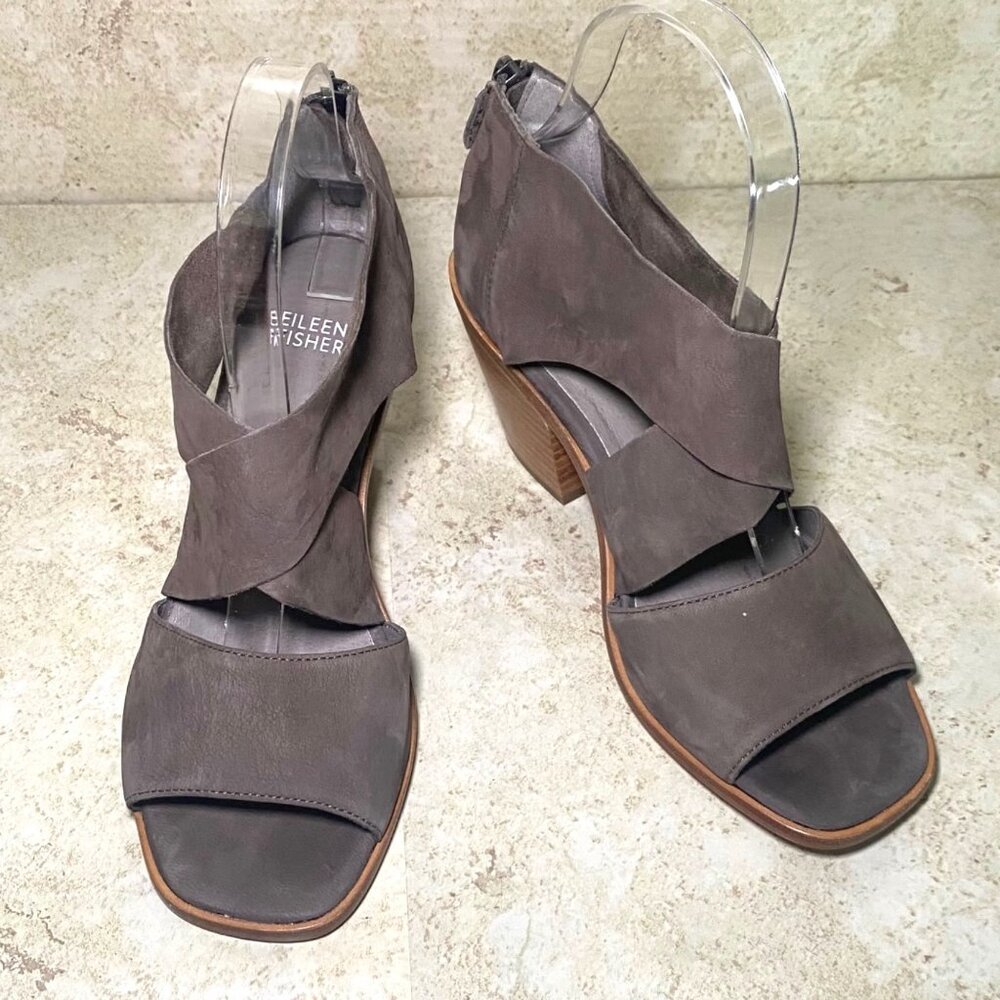 Eileen Fisher Brown Ann Tumbled Nubuck Leather Sandal Zip Back‎ Block Heels